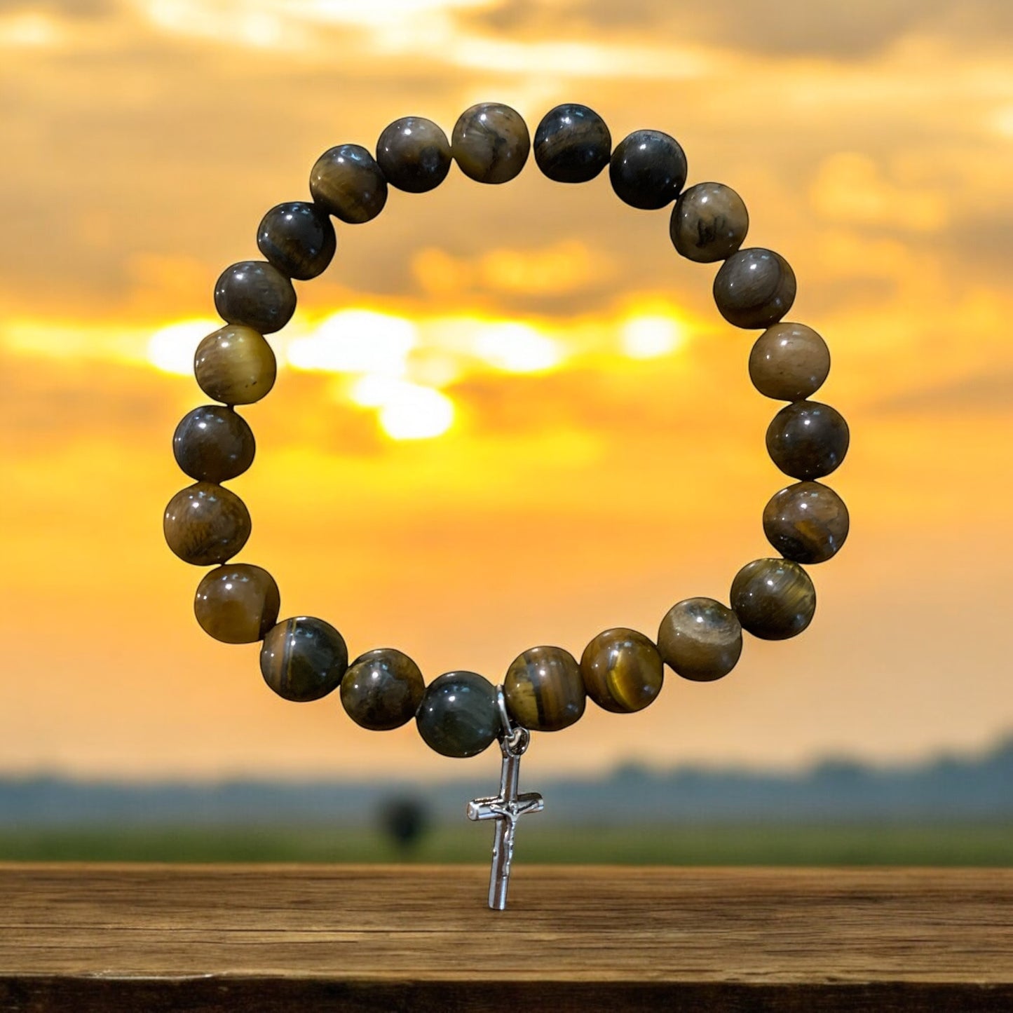 Handmade Tiger’s Eye Natural Stone Bracelet with Cross