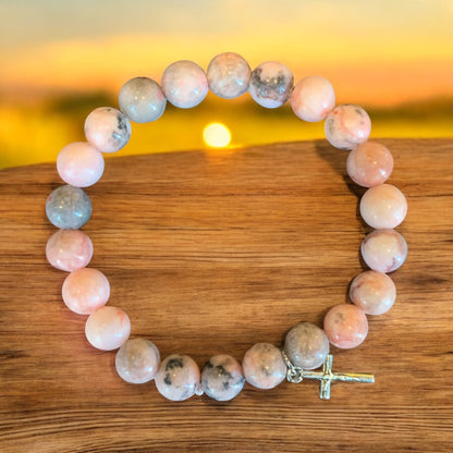 Handmade Agate Natural Stone Bracelet with Silver Cross