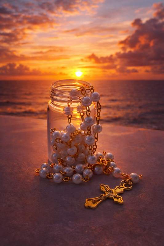 Pearl Rosary in Glass Jar
