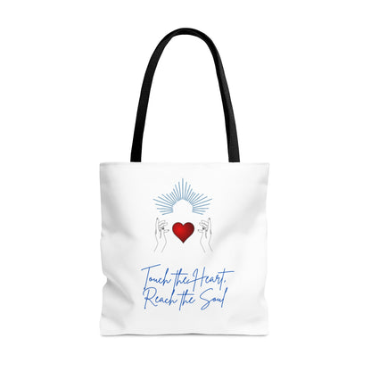 Touch the Heart, Reach the Soul white Tote Bag (AOP)