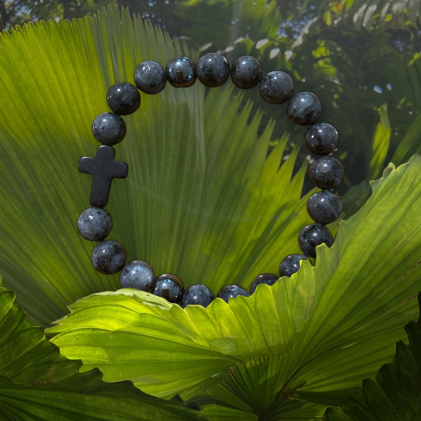 Handmade Black Agate and Hematite with Cross Natural Stone Bracelet