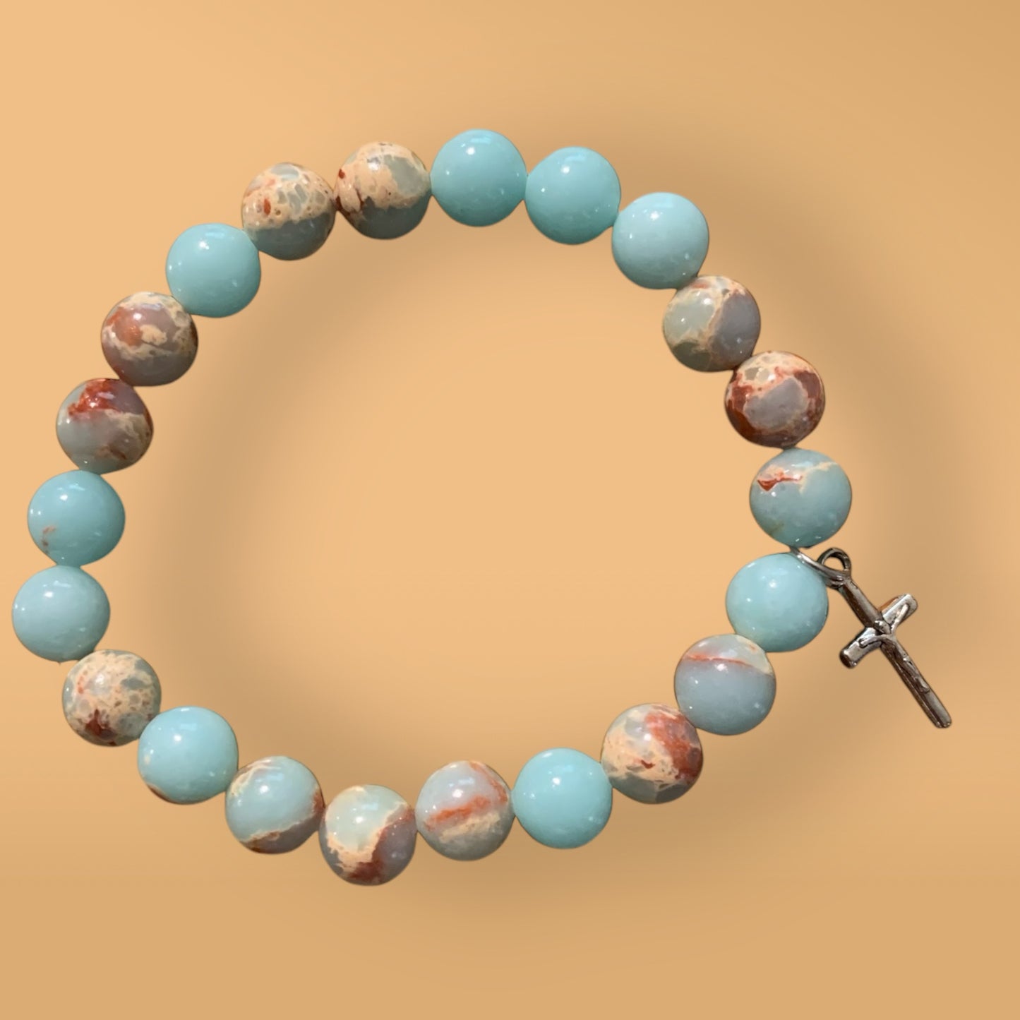 Handmade Light Blue Agate Natural Stone Bracelet with Silver Cross