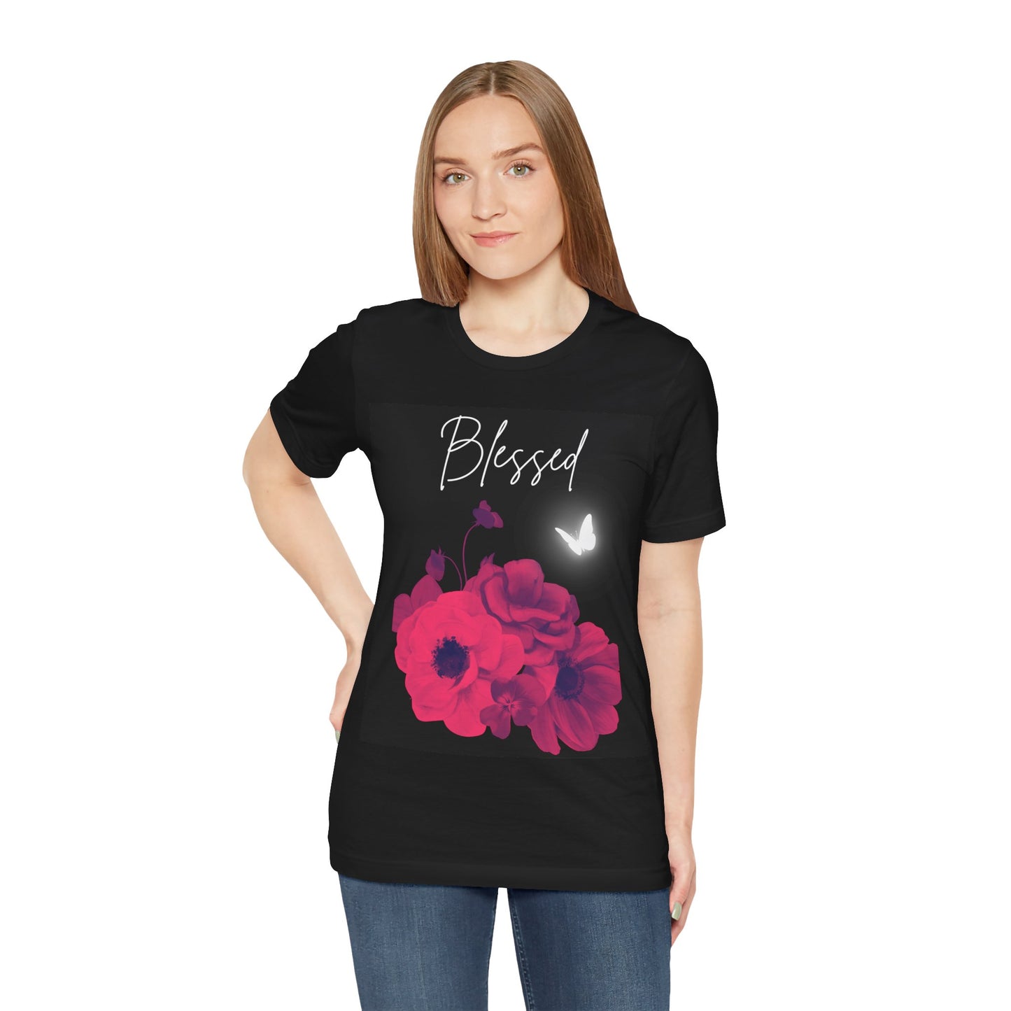 Blessed Red Flowers Butterfly Jersey Short Sleeve Tee