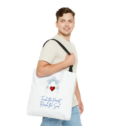 Touch the Heart, Reach the Soul white Tote Bag (AOP)