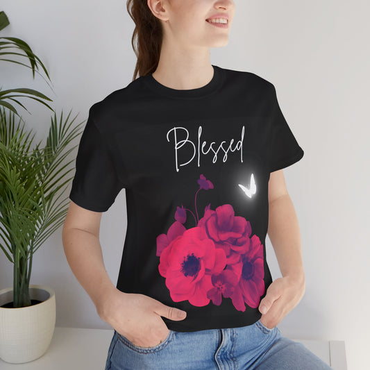 Blessed Red Flowers Butterfly Jersey Short Sleeve Tee