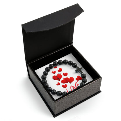 Red Hearts Metalic Gift Box with Cross Bead Bracelet, Heart Interior