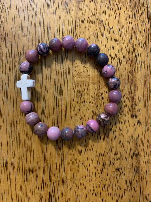 Handmade Rhodonite with Cross Natural Stone Bracelet