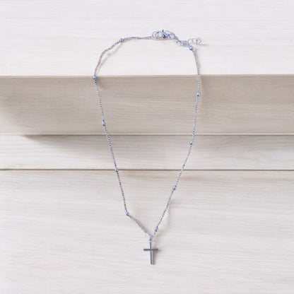 Cross with Bead and Chain Necklace Silver Plated