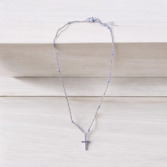 Cross with Bead and Chain Necklace Silver Plated