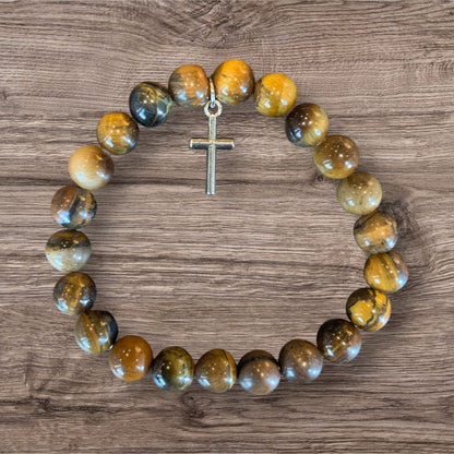 Handmade Bumblebee Jasper Natural Stone Bracelet with Silver Cross