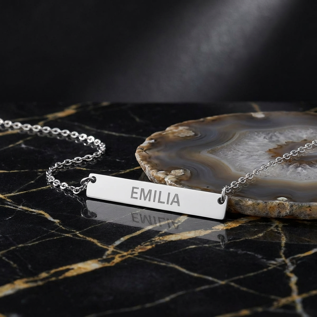 Personalized Engraved Bar Necklace, Stainless Steel Horizontal Bar Necklace