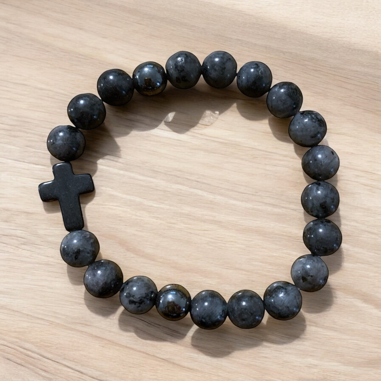 Handmade Black Agate and Hematite with Cross Natural Stone Bracelet