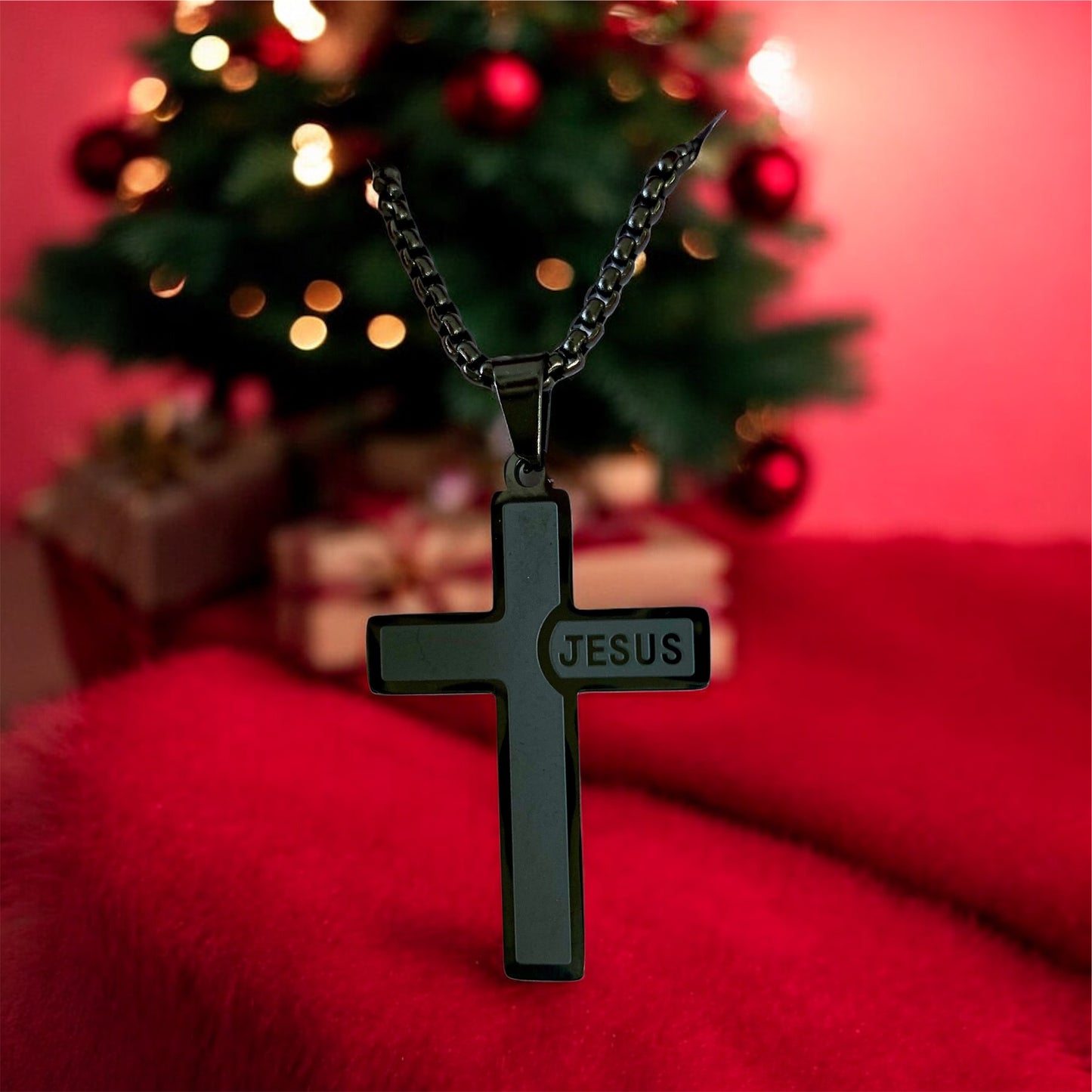 Jesus Cross Black Stainless Steel Necklace