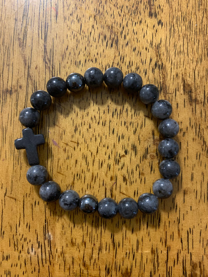 Handmade Black Agate and Hematite with Cross Natural Stone Bracelet