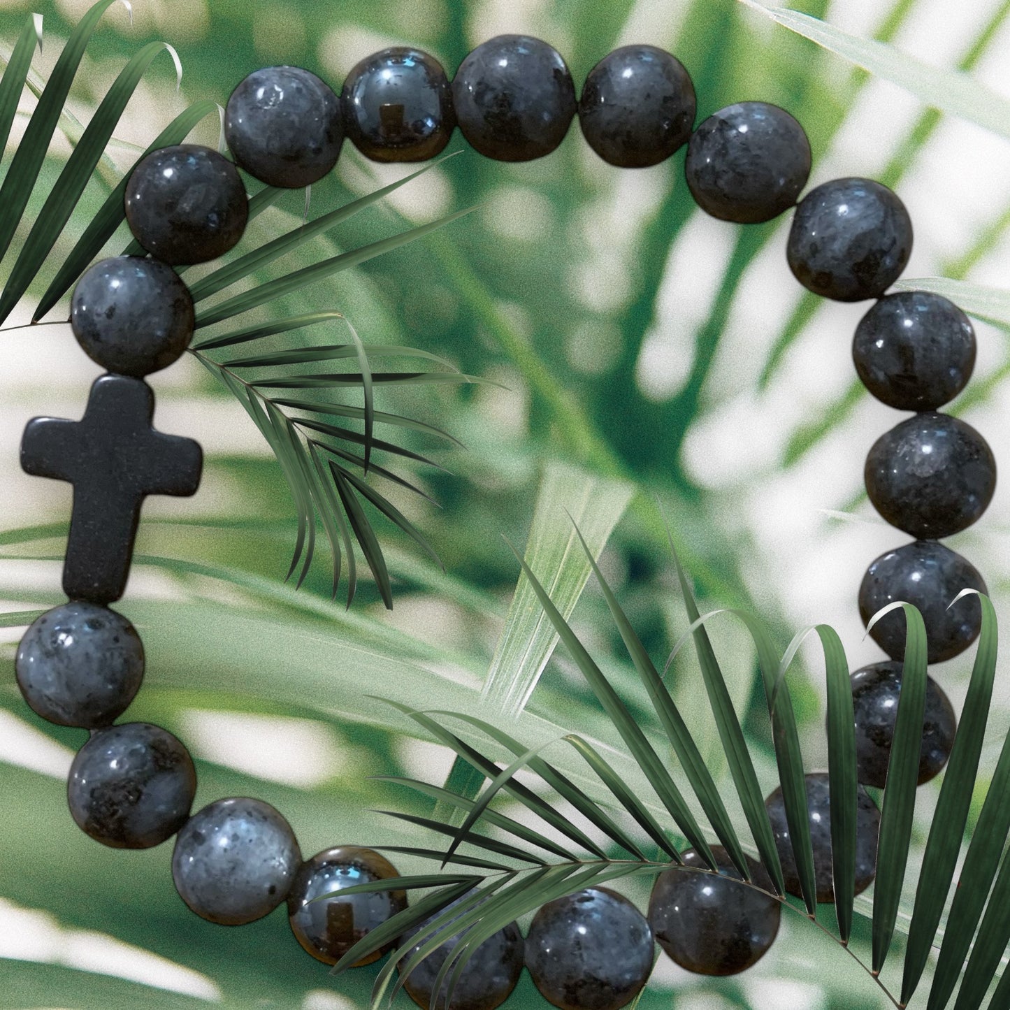 Handmade Black Agate and Hematite with Cross Natural Stone Bracelet