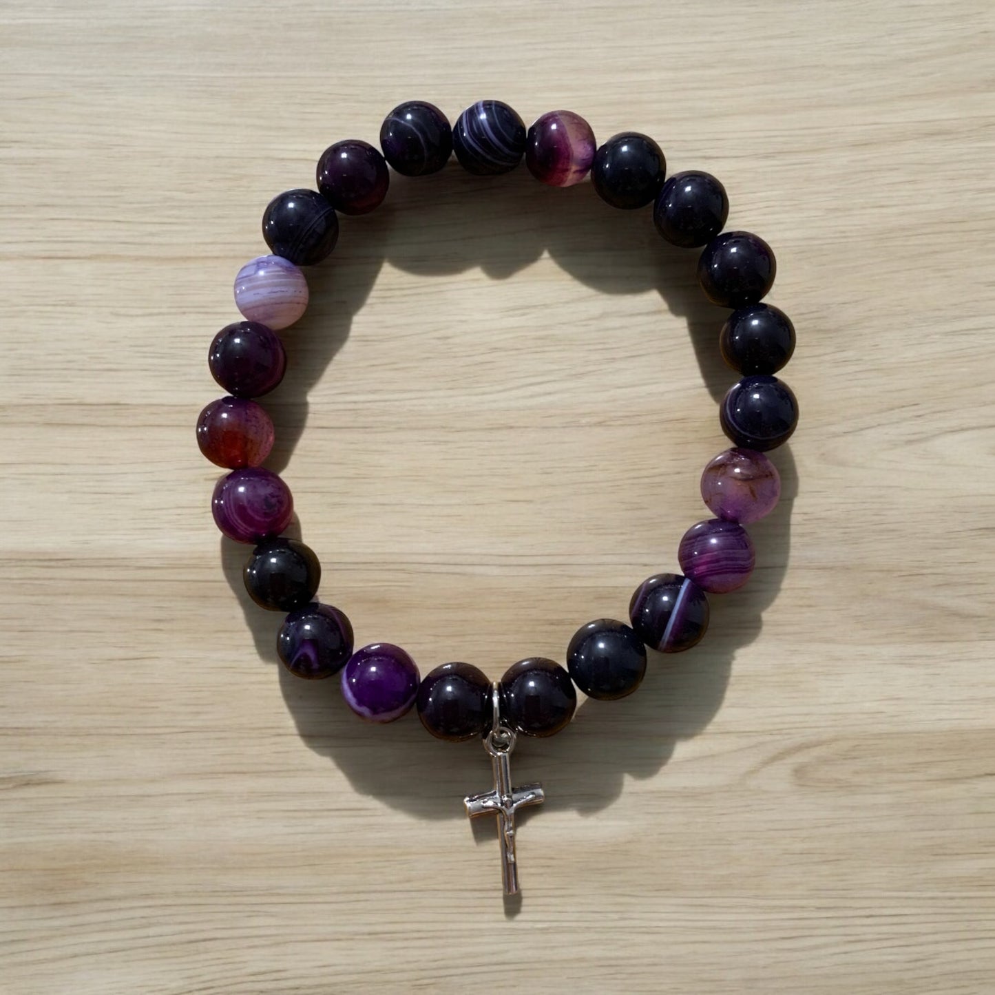 Handmade Amethyst with Silver Cross Natural Stone Bracelet