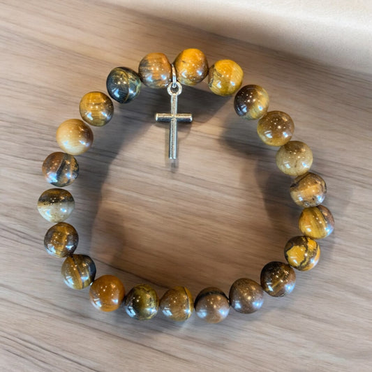 Handmade Bumblebee Jasper Natural Stone Bracelet with Silver Cross