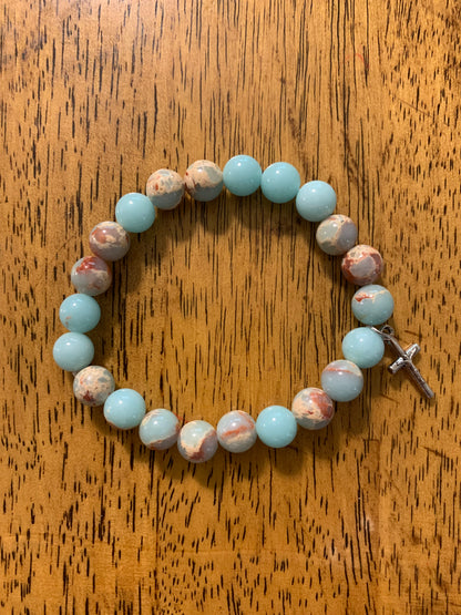 Handmade Light Blue Agate Natural Stone Bracelet with Silver Cross