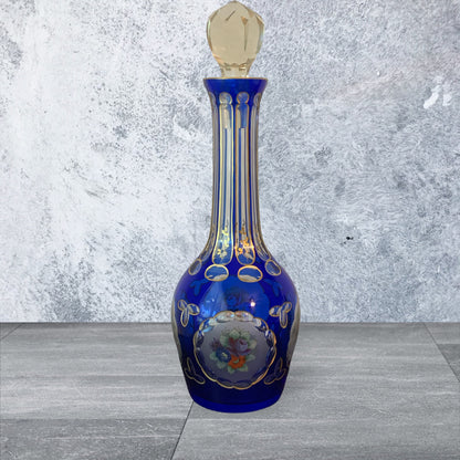 Vintage Bohemian Hand Painted Cut Glass Decanter, Cobalt with Floral Decoration, Antique Collection (Set of 2)