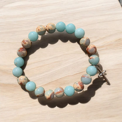 Handmade Light Blue Agate Natural Stone Bracelet with Silver Cross