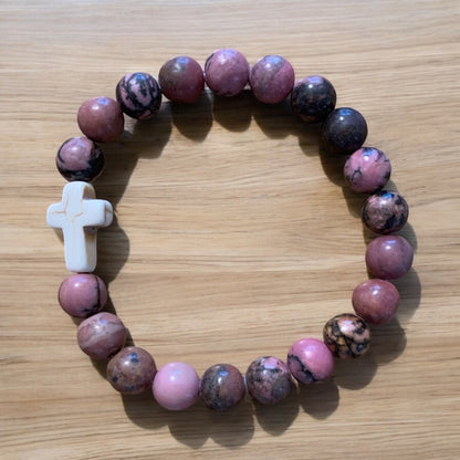 Handmade Rhodonite with Cross Natural Stone Bracelet