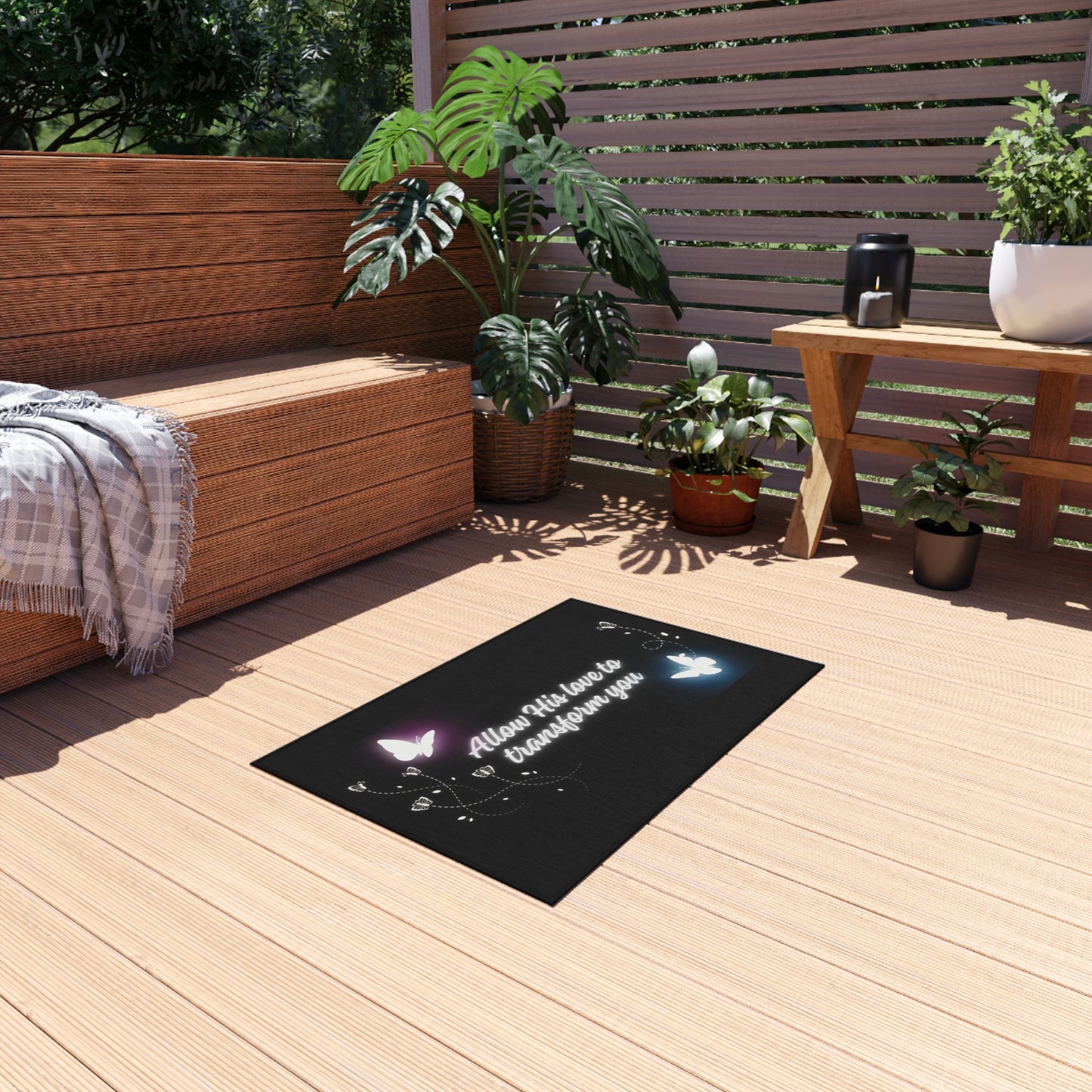 Allow His Love to Transform You Black Outdoor Rug