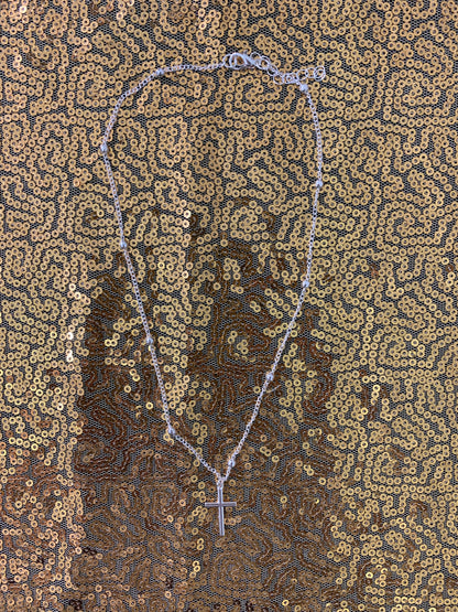 Cross with Bead and Chain Necklace Silver Plated