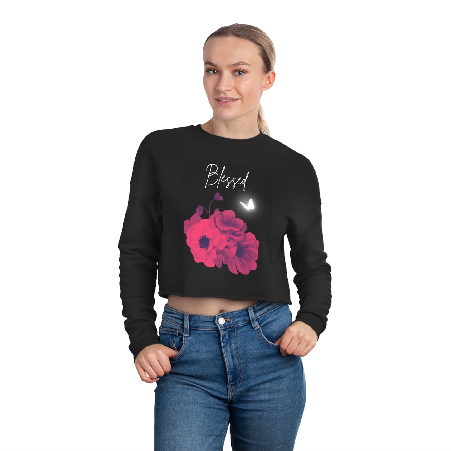 Blessed Red Flowers Butterfly Women's Cropped Sweatshirt