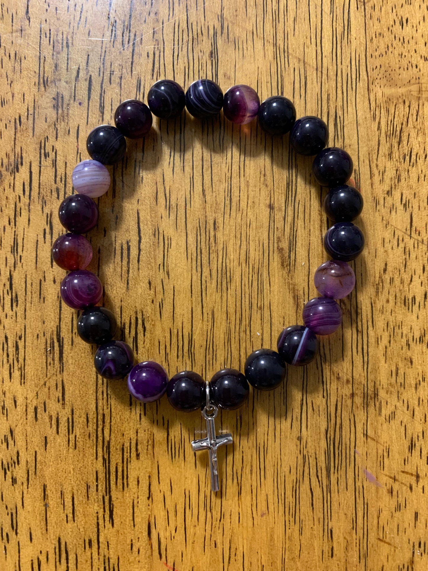 Handmade Amethyst with Silver Cross Natural Stone Bracelet