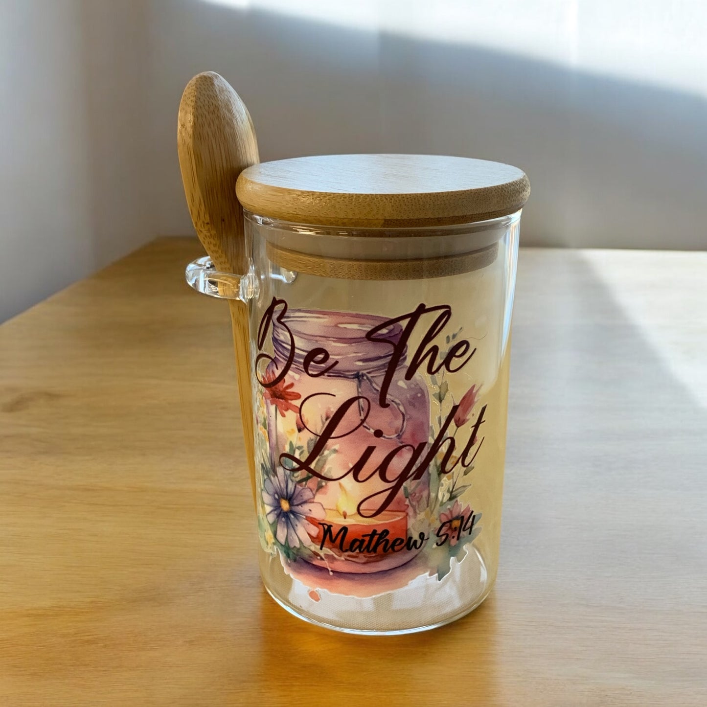 Glass Container with Wood Lid and Spoon Faith Message