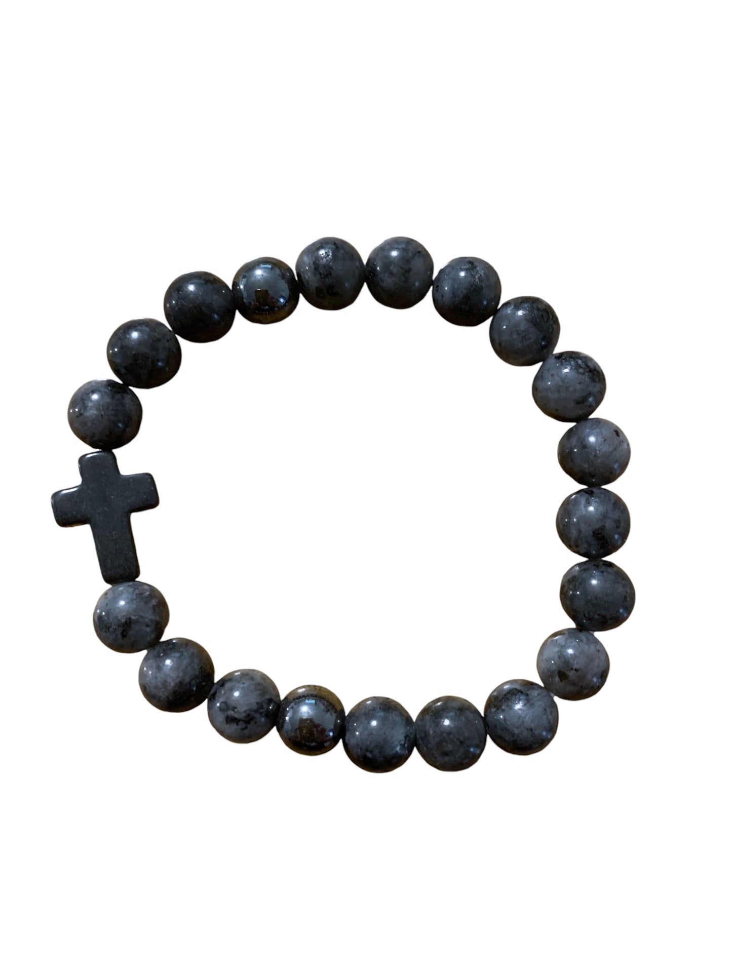 Handmade Black Agate and Hematite with Cross Natural Stone Bracelet