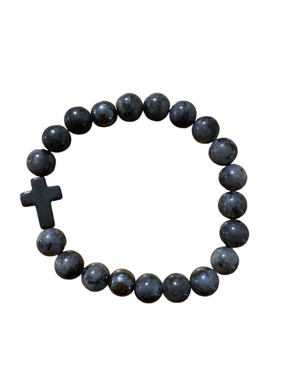 Handmade Black Agate and Hematite with Cross Natural Stone Bracelet