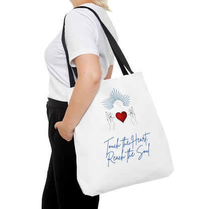 Touch the Heart, Reach the Soul white Tote Bag (AOP)