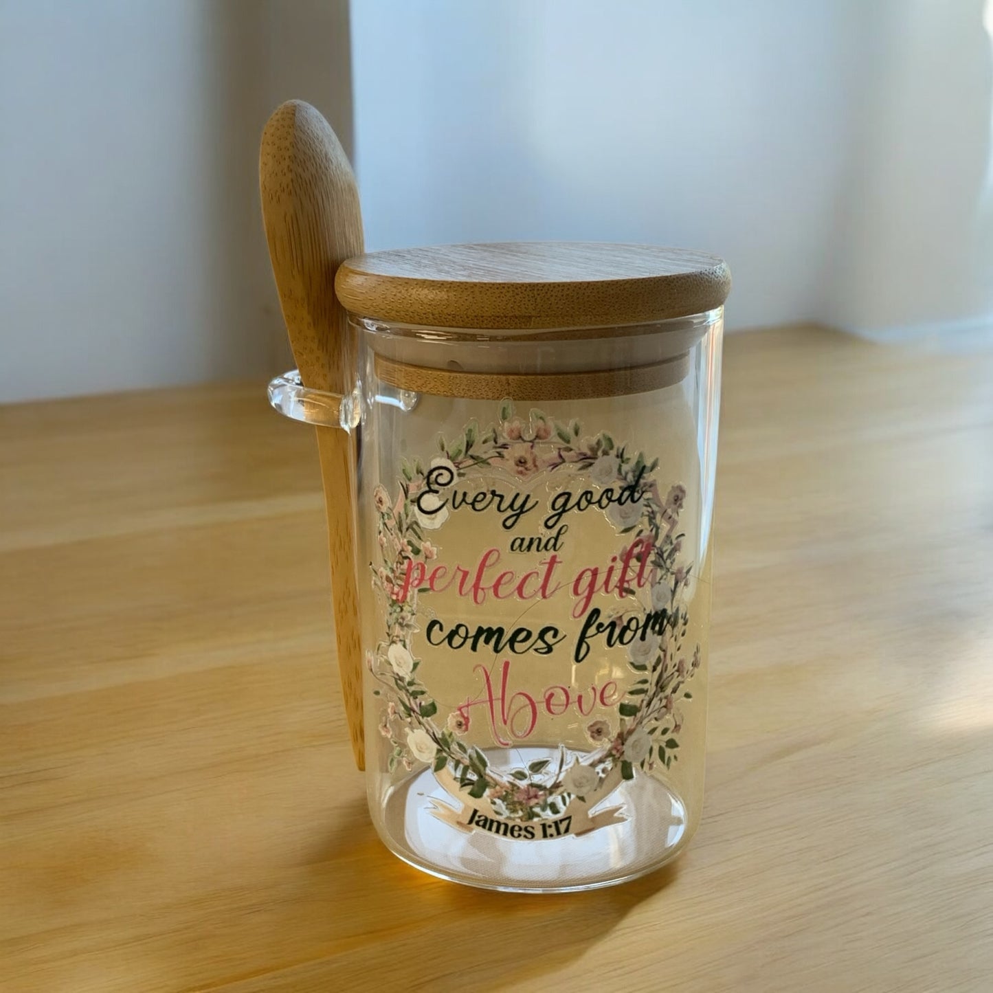 Glass Container with Wood Lid and Spoon Faith Message