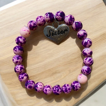 Handmade Purple Agate Natural Stone Bracelet with Sister Charm