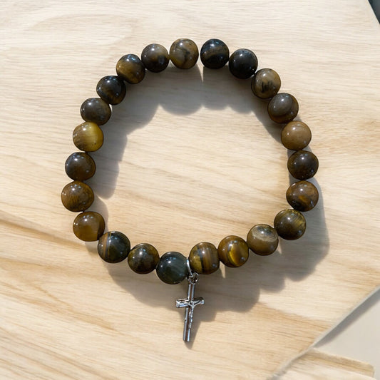 Handmade Tiger’s Eye Natural Stone Bracelet with Cross