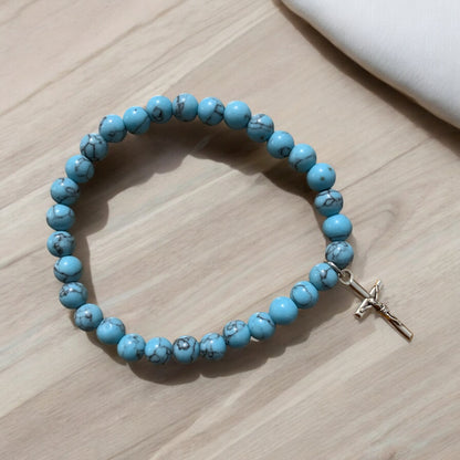 Handmade Turquoise Natural Stone Bracelet with Silver Cross