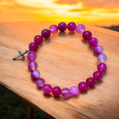 Handmade Hot Pink Agate with Silver Cross Natural Stone Bracelet