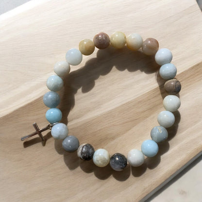 Handmade Light Blue Agate Natural Stone Bracelet with Silver Cross