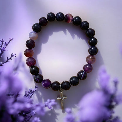 Handmade Amethyst with Silver Cross Natural Stone Bracelet