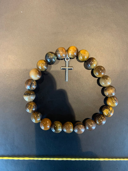 Handmade Bumblebee Jasper Natural Stone Bracelet with Silver Cross