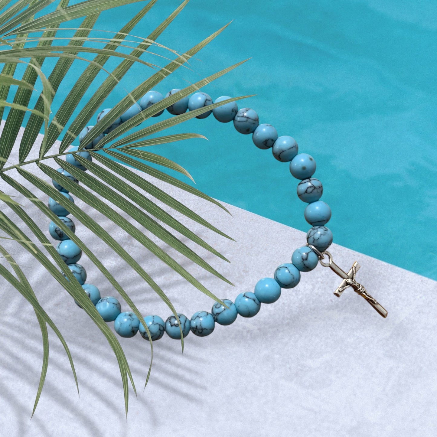 Handmade Turquoise Natural Stone Bracelet with Silver Cross