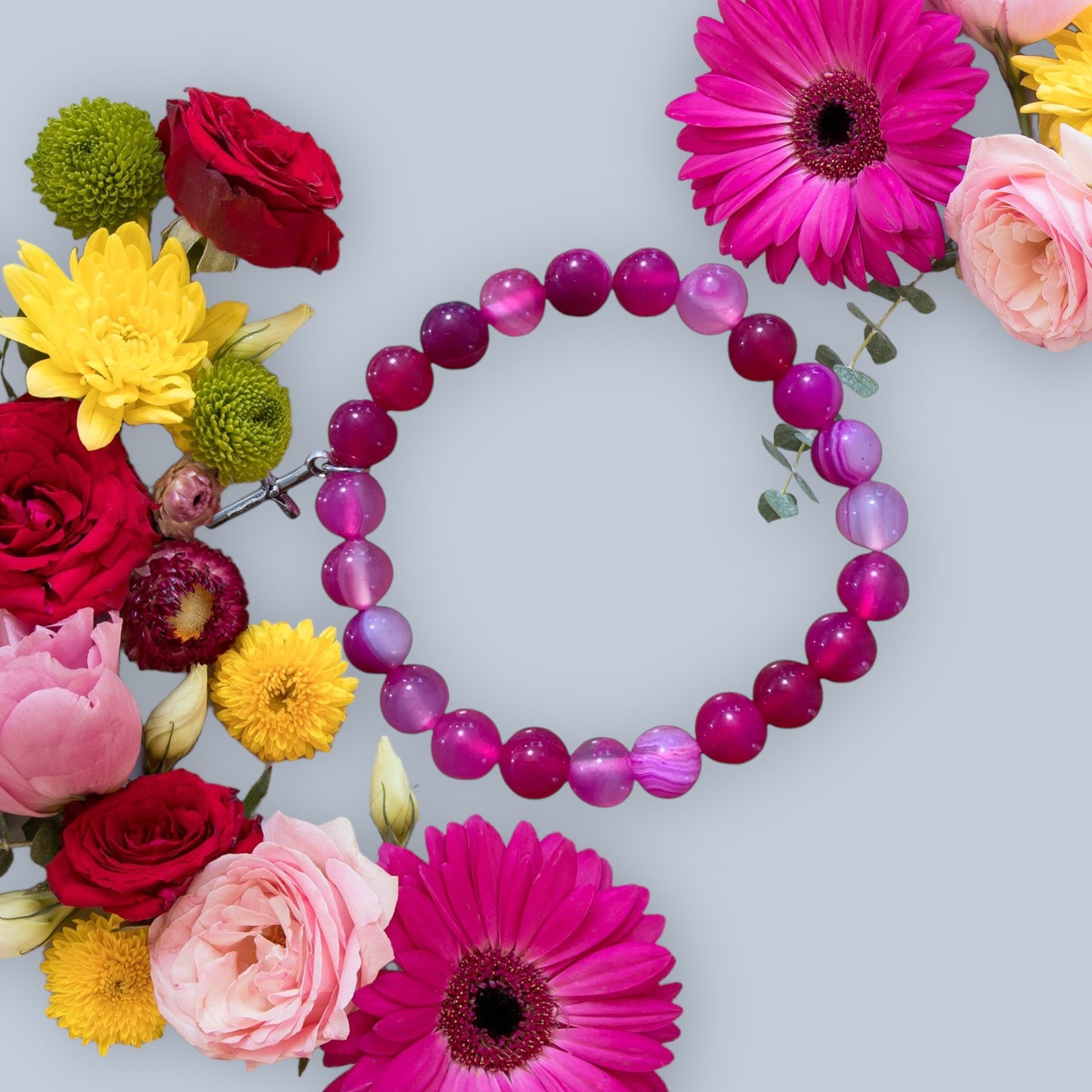 Handmade Hot Pink Agate with Silver Cross Natural Stone Bracelet