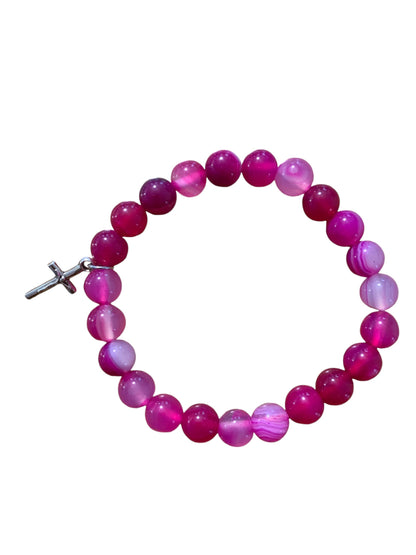 Handmade Hot Pink Agate with Silver Cross Natural Stone Bracelet