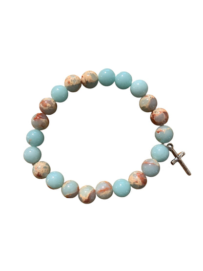 Handmade Light Blue Agate Natural Stone Bracelet with Silver Cross