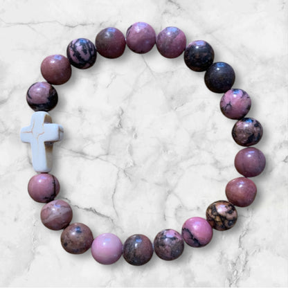 Handmade Rhodonite with Cross Natural Stone Bracelet