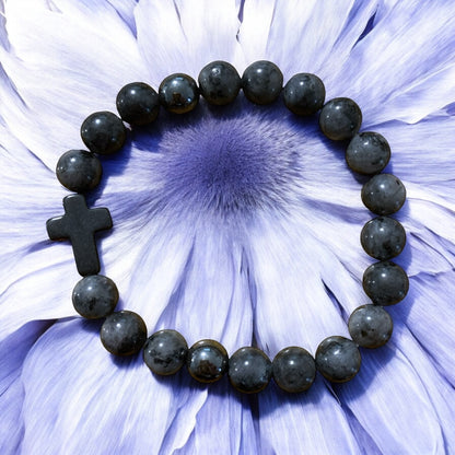 Handmade Black Agate and Hematite with Cross Natural Stone Bracelet