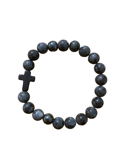 Handmade Black Agate and Hematite with Cross Natural Stone Bracelet