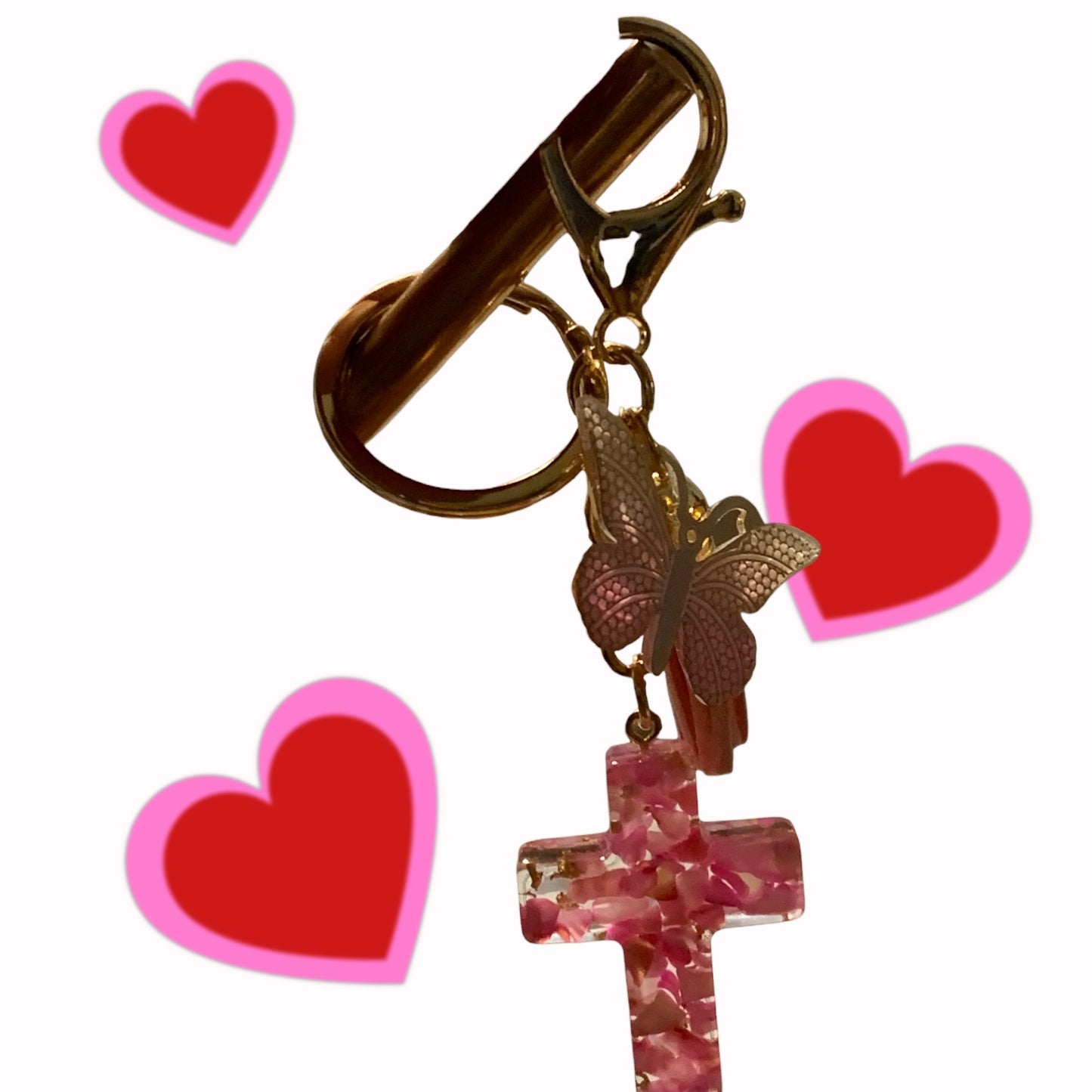 Acrylic Cross and Butterfly, Pink Keychain