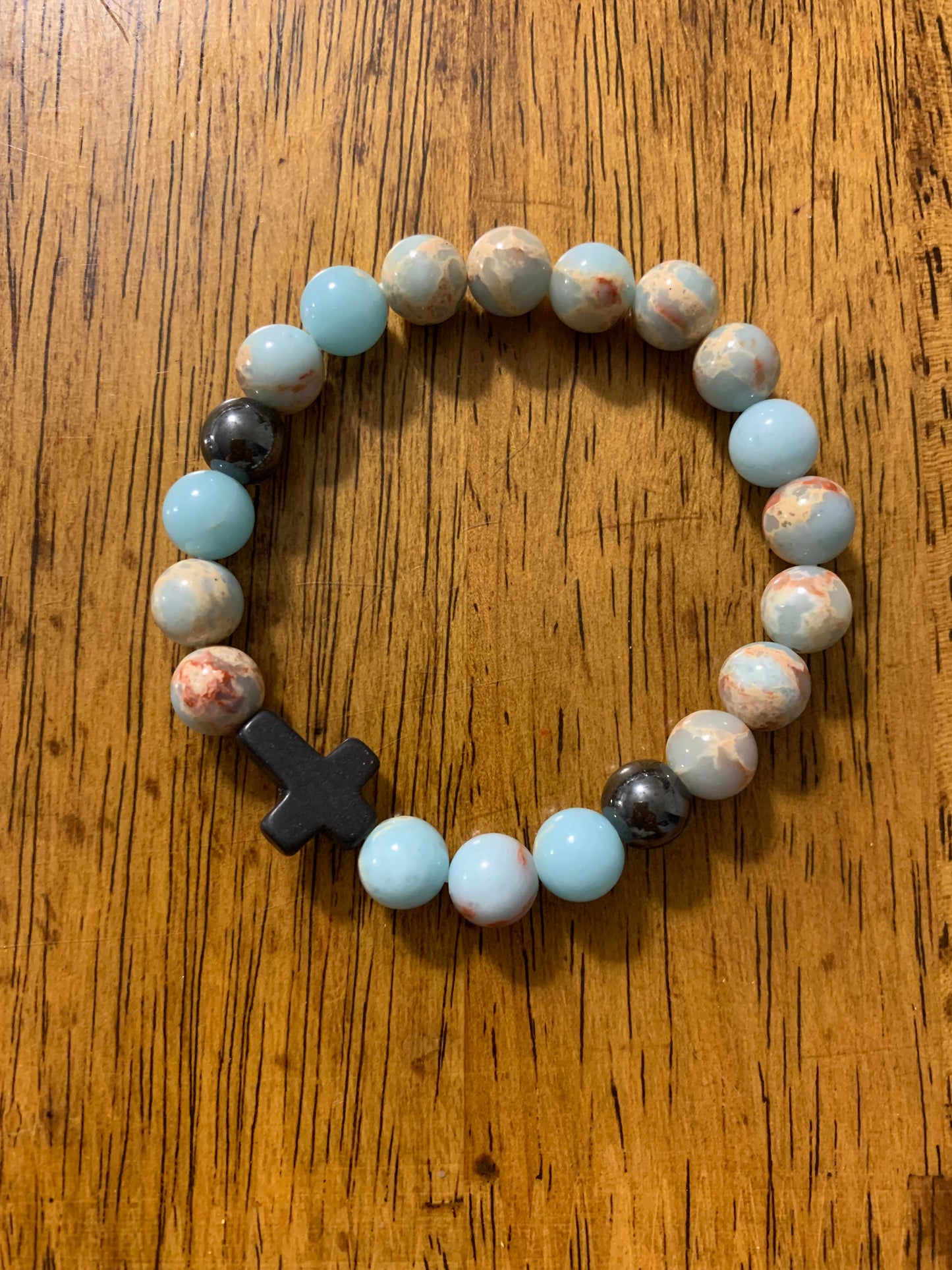 Handmade Light Blue Agate Natural Stone Bracelet with Cross